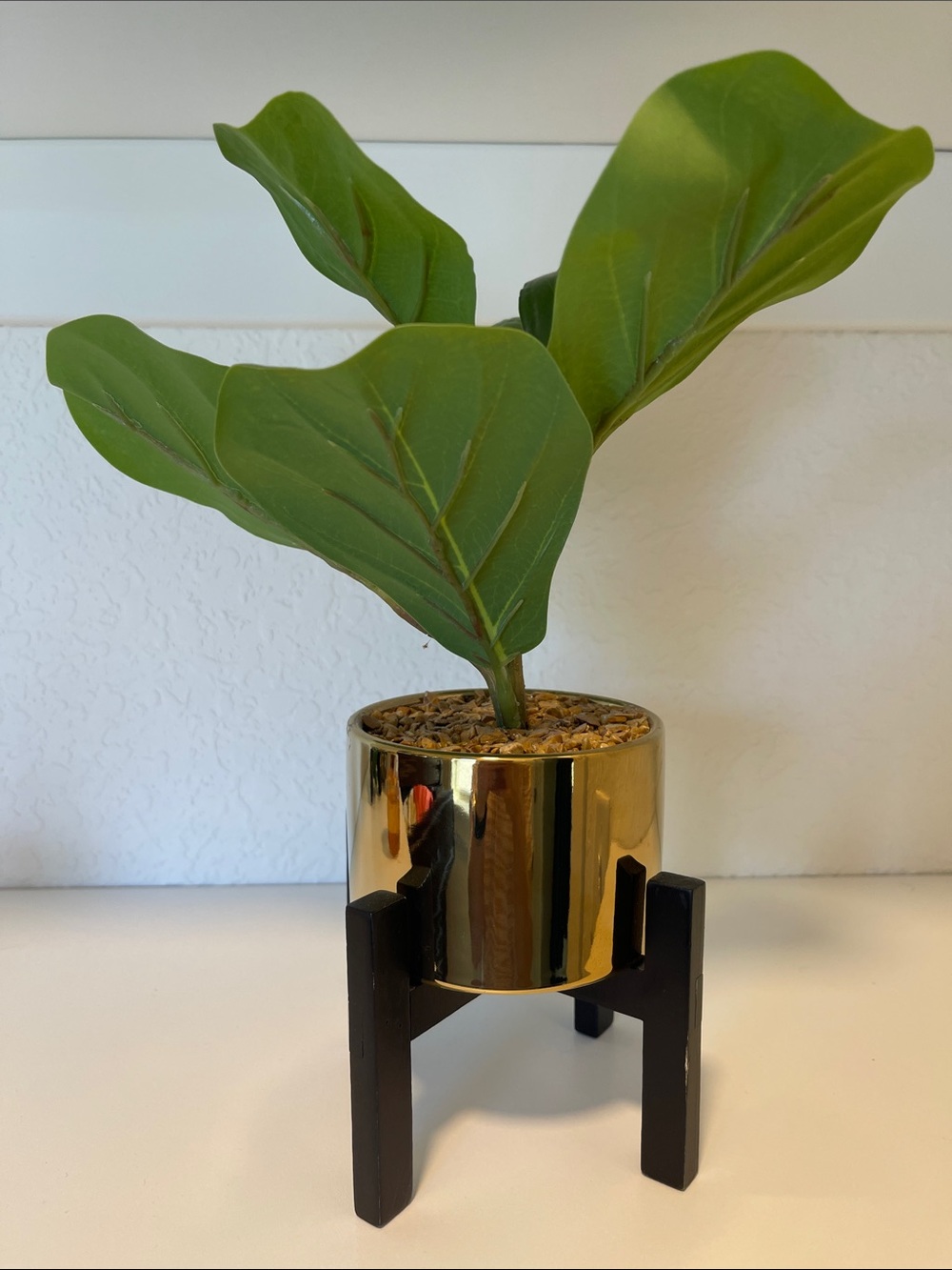 Gold Ceramic Planter with Black Wood Stand - Home Accents